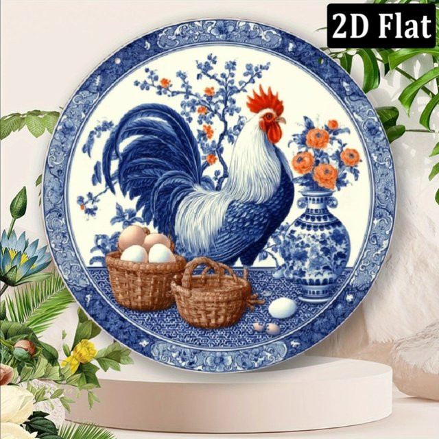 CIFBUY Rundes Metallschild Vintage Blauer Hahn mit Blumenmuster und Ei-Motiv, Durchmesser: 20,32 cm - Bild 1