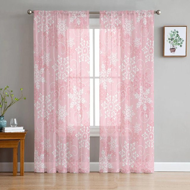 Yiran Furniture Transparent Voile Vorhang mit Weihnachtsmotiv Schneemann und Schneeflocken in Pink, Breite: 135 cm, Höhe: 115 cm - Bild 1
