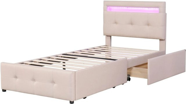 okwish Polsterbett für Kinderzimmer mit LED-Beleuchtung und Schubladen in Beige, B/T/H: 90 x 200 x 106 cm - Bild 1