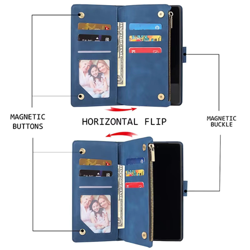 Samsung Flip Wallet Phone Cover Ledertasche mit Reißverschluss für Galaxy A16 A26 A36 A56 A06 A15 A25 A35 A55 A05S A14 A34 A54 A13 A33 A53 in Blau - Bild 3