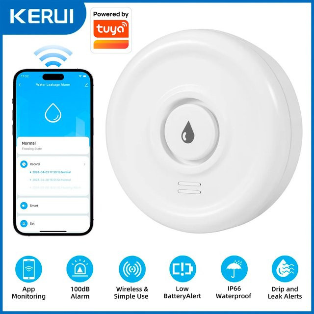 KERUI WLAN-Flutdetektor in Weiß, kompatibel mit Tuya, mit akustischem Alarm und App-Fernüberwachung zur Wasserleck-Erkennung - Bild 1