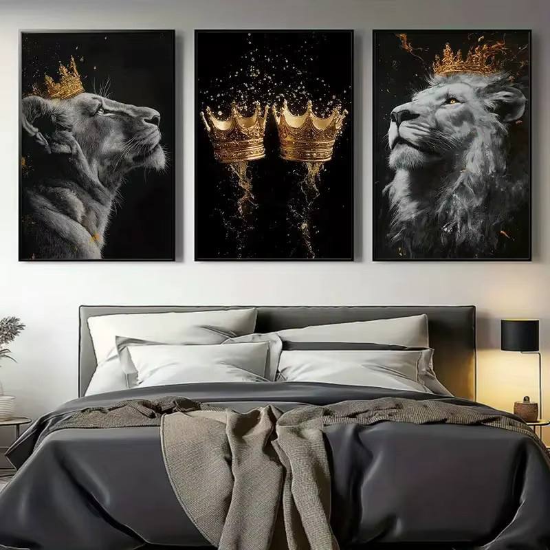 Potdemiel Leinwand-Wandkunst Set mit goldener Krone und Löwe, modernes Tiergemälde in Gold für deine Heimdekoration, 3er-Set - Bild 5