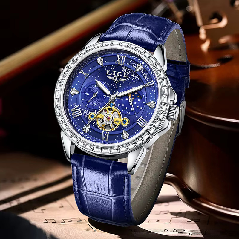 LIGE Armbanduhr, Automatik, Leder, Blau, Herren - Bild 2