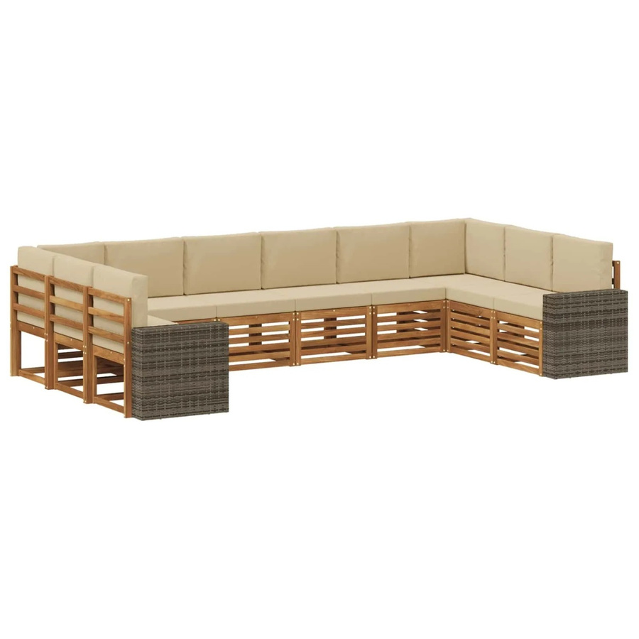 vidaXL Outdoor-Sofagarnitur aus Akazienholz und UV-beständigem Polyester in Natur-Beige mit 10 Sitzteilen und Kissen - Bild 2