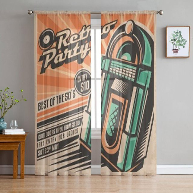 Super Six Chiffon Tüllvorhang Retro Design Transparent Schwarz B: 135 cm, H: 114 cm - Bild 1