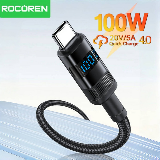 Rocoren USB Typ C Kabel mit Digital Display, 100 W 5 A PD 3.1 Schnellladekabel, Schwarz - Bild 1