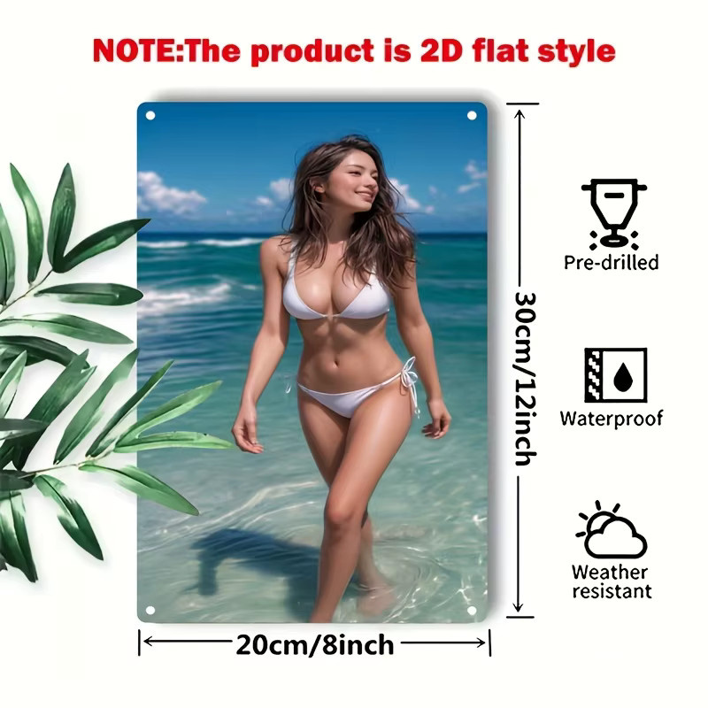 HELLOYOUNG Metall-Wandkunst Bikini-Modell in Türkis, Rechteckiges Strandposter mit Motiv aus Natur und Meer für Heim, Bar und Café, B/H: 30 x 20 cm - Bild 2