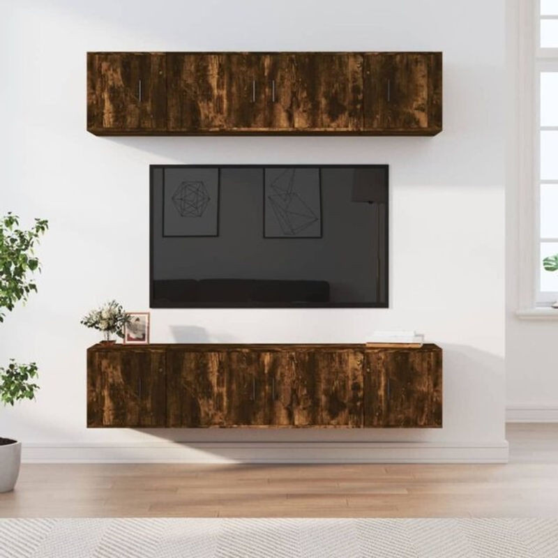 Vidaxl 6-teiliges TV-Schrank-Set aus Holzwerkstoff in Räuchereiche, Farben Braun und Grau, im Industrial-Stil - Bild 1