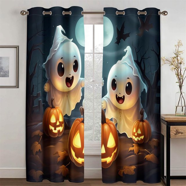 Halloween Geist Cartoon Vorhänge mit 2 Paneelen und Haken, Mehrfarbig, Polyester, B: 50 cm, H: 130 cm - Bild 1