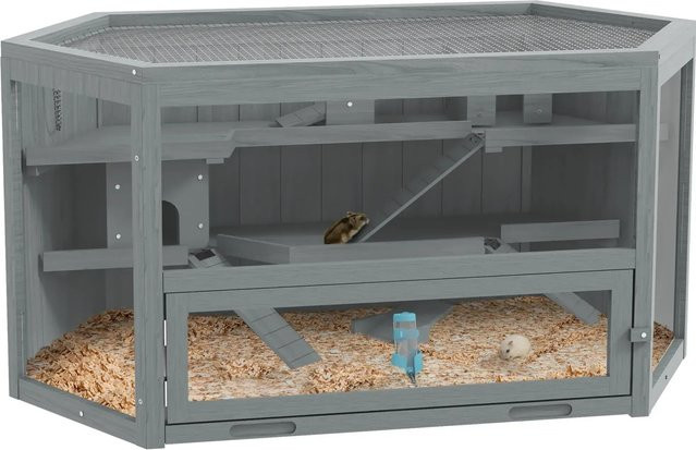 PawHut Hamsterkäfig aus Tannenholz und PS-Plexiglas in Grau, B/H: 60 x 55 cm - Bild 1