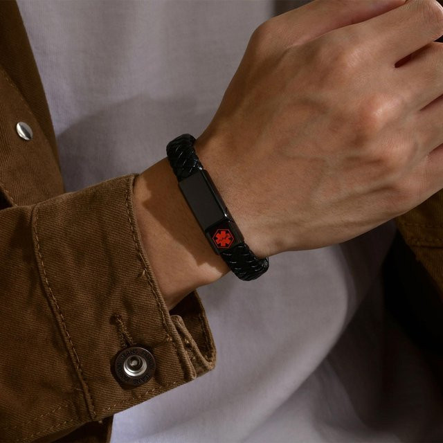 prjewel Alarm-ID-Armband, Edelstahl, gewebtes Leder, Schwarz, Herren - Bild 1