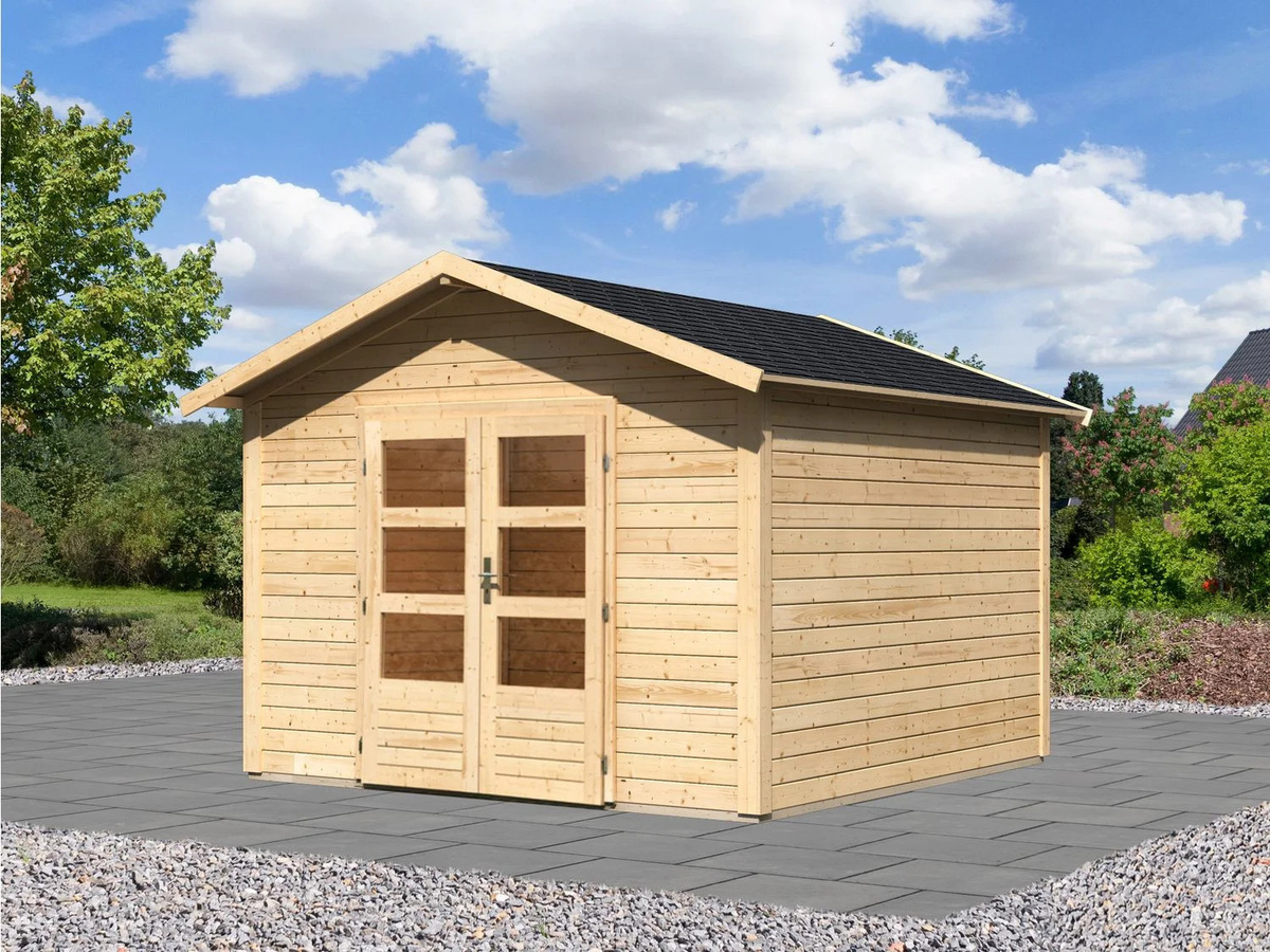 KARIBU Carlos Satteldach Gartenhaus mit Boden und Schindeln, naturbelassen, B: 304 cm, H: 238 cm, T: 304 cm - Bild 1