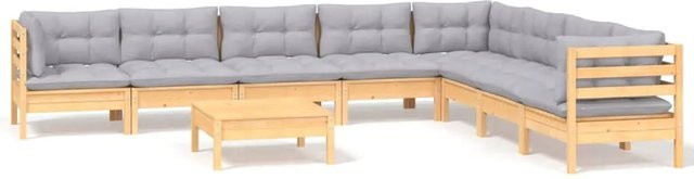 vidaXL 9-tlg. Garten-Lounge-Set aus massivem Kiefernholz mit grauen Polstern - Bild 1