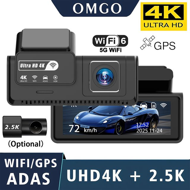 OMGO 4K+2.5K ADAS Dashcam mit GPS und WLAN in Schwarz mit 24H Nachtsicht und Mini-Doppellinse - Bild 1