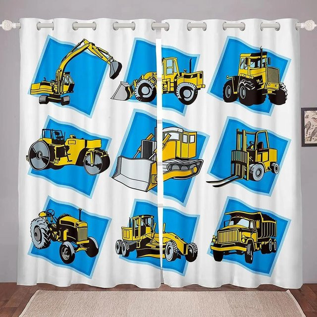 Kinder Vorhang Set mit Cartoon Zug und Baustellenfahrzeugen, 2 Paneele, halbtransparent, Mehrfarbig, B: 60 cm, H: 60 cm - Bild 1