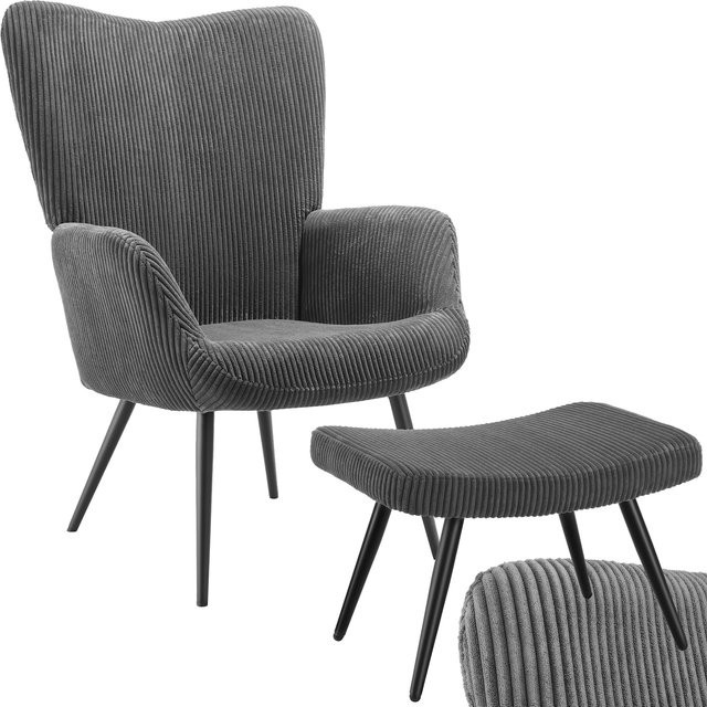 tectake Hygge Sessel gepolstert mit Hocker aus Breitcord in Anthrazit-Schwarz B/T/H: 76 x 72 x 100,5 cm - Bild 1