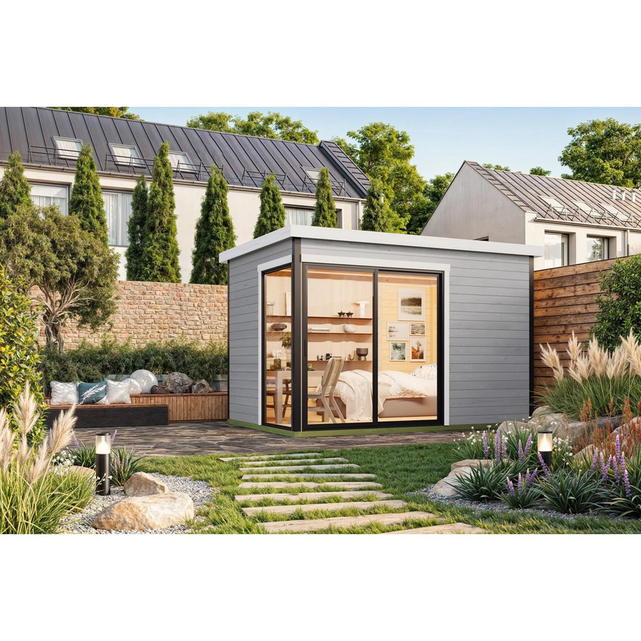 Lasita Blockbohlenhaus Austin Gartenhaus mit Flachdach in Grau, B/T/H: 379,6 x 239,4 x 259,6 cm - Bild 2