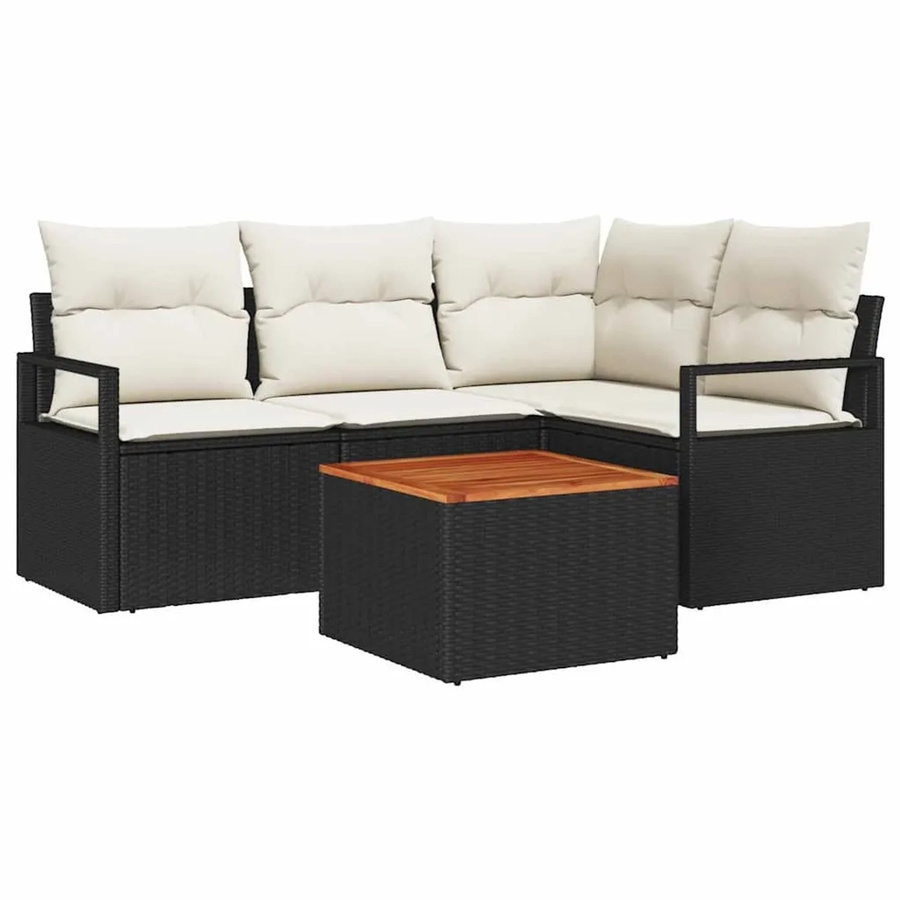 vidaXL Garten-Sofa-Set in U-Form mit Kissen und Couchtisch, 5-teiliges Poly-Rattan-Set in Schwarz und Beige mit wetterfesten Polstern und Akazienholz-Elementen - Bild 2