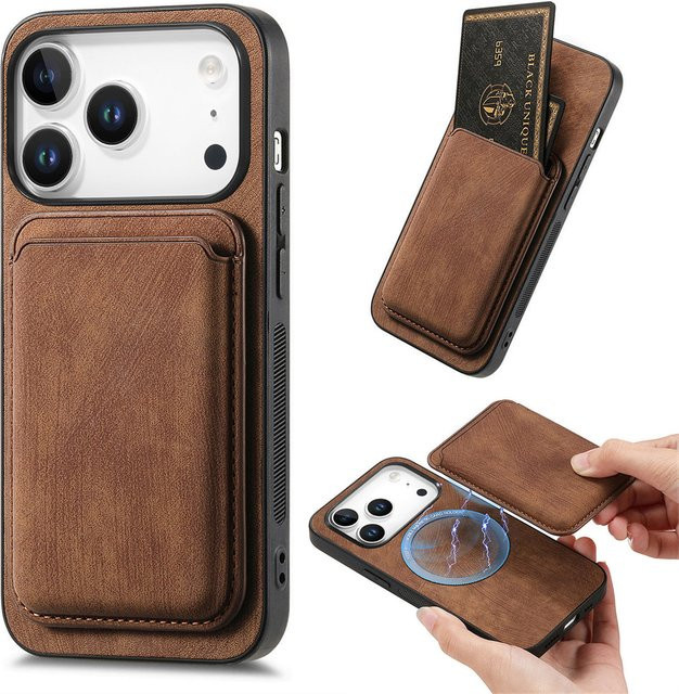 Abnehmbare magnetische Karten-Handyhülle für iPhone 16 15 14 13 12 11 Pro Max Plus SE in Braun - Bild 1
