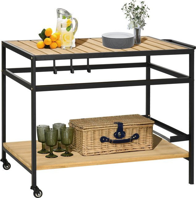 Outsunny Servierwagen Barbecue Trolley aus Massivholz und Stahl in Natur mit 2 Regalen und Haken, B/T/H: 65 x 107 x 80 cm - Bild 2