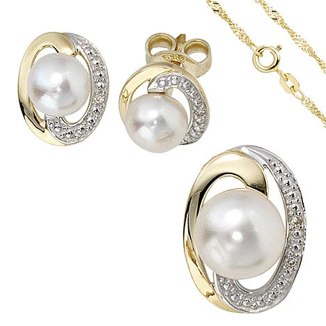 Colfem Schmuck-Set, 585 Gelbgold bicolor, 3 Perlen, 4 Diamanten, Ohrringe und Kette, 42 cm - Bild 1