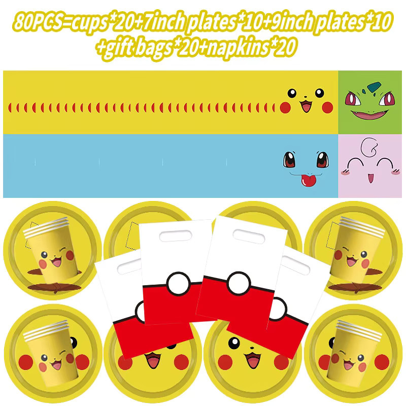 Pokemon Geburtstagsparty Dekorationsset mit Pikachu, Squirtle und Charmander inklusive Ballons und Tischgeschirr in Mehrfarbig - Bild 2