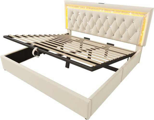 okwish Polsterbett Beige mit LED-Unterbettbeleuchtung und USB Type C Ladestation für Jugendzimmer und Schlafzimmer B/T/H: 180 x 200 cm - Bild 1