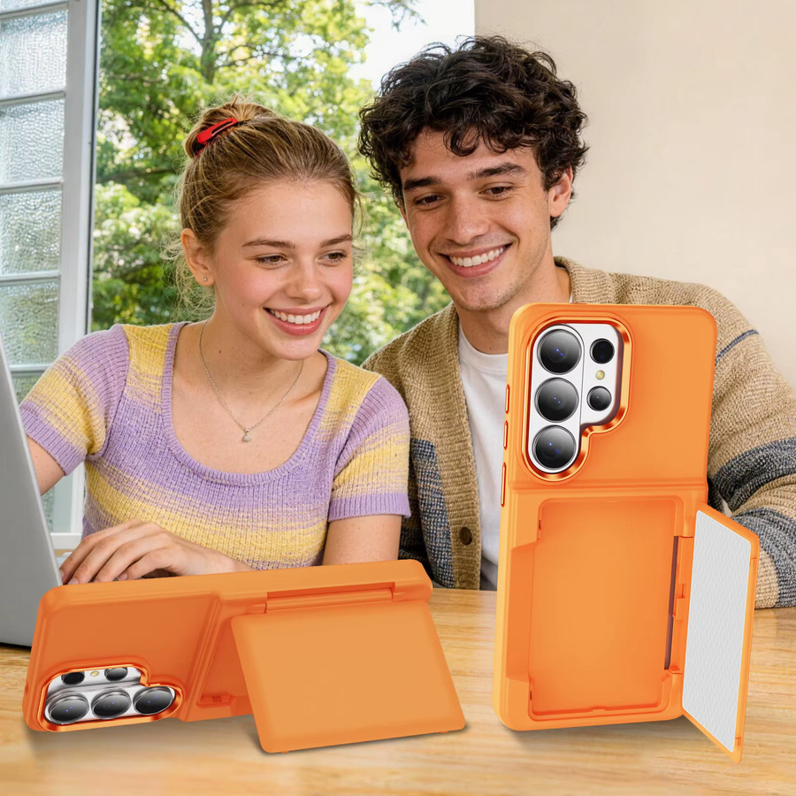 Stoßfeste Panzer-Handyhülle mit klappbarem Kartenfach und Halterung für Samsung Galaxy S26 S25 S24 Plus S23 S22 Ultra in Orange - Bild 5