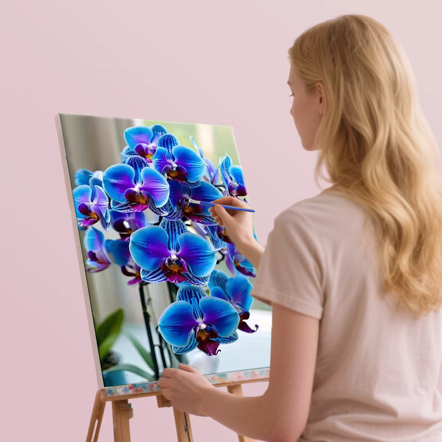 HUACAN Malset Malen nach Zahlen mit Orchideenmotiv auf Leinwand in Blau - Bild 3