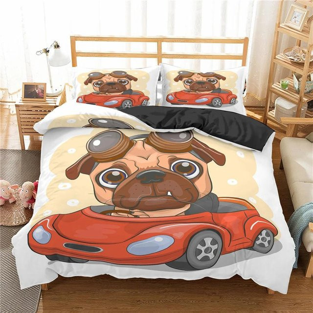 Bettwäscheset mit Cartoon-Mops-Hund von Your Warm Home, weißes Kinder-Bettwäsche-Set aus Polyester, bestehend aus Bettbezug und Kissenbezügen, B/H: 135 x 200 cm, Kissenbezüge: 50 x 70 cm - Bild 1