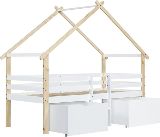 KOMHTOM Kinderhausbett mit Dach und Treppe, halbhohes Bett mit vierseitigem Zaun, 2 Schließfächern mit Rädern, Kiefer und MDF, Weiß und Natur, B/T/H: 200 x 90 x 189 cm - Bild 1