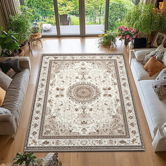 RAKKS Boho Teppich mit Blumenmuster in Beige und Braun, rutschfest und pflegeleicht - Bild 1