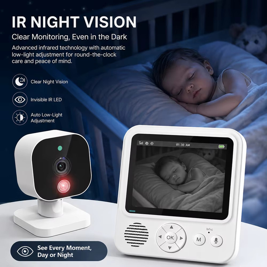 Zysecurity Babyphone mit 2,8-Zoll-Display, Nachtsicht, 2-Wege-Audio, Temperaturanzeige und Akku in Weiß - Bild 2