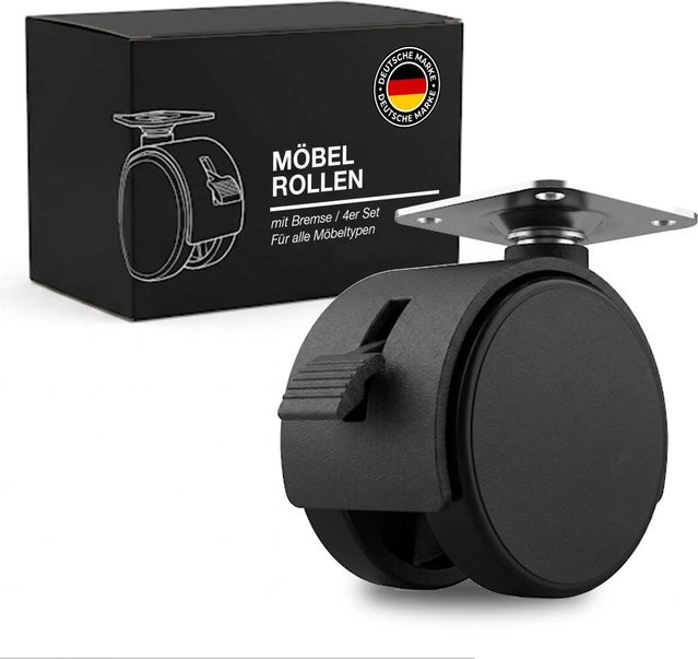 K-Möbel Möbelrollen 4er Set mit Bremsen in Schwarz Matt, Durchmesser: 40 mm - Bild 1