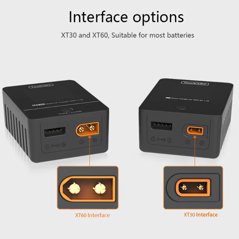 ToolkitRC M4AC Akku-Ladegerät 30W für 1-4S Lipo LiHV mit IPS-Display und XT30/XT60 Schnittstelle in Schwarz - Bild 2