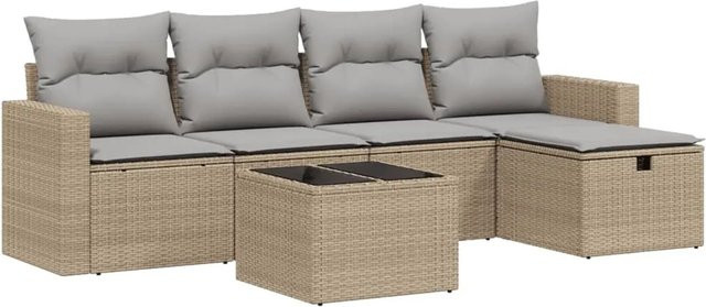 vidaXL 6-tlg. Garten-Sofagarnitur L-Form in Beige mit Kissen und Polyrattan - Bild 1