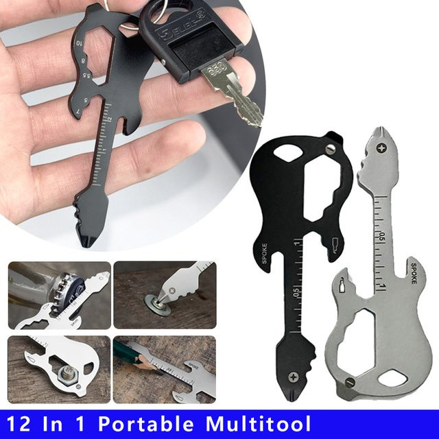 12-in-1 Multifunktionaler Schlüsselanhänger als Multitool-Gadget mit Gitarrenöffner und Schraubendreher in Schwarz und Silber - Bild 1