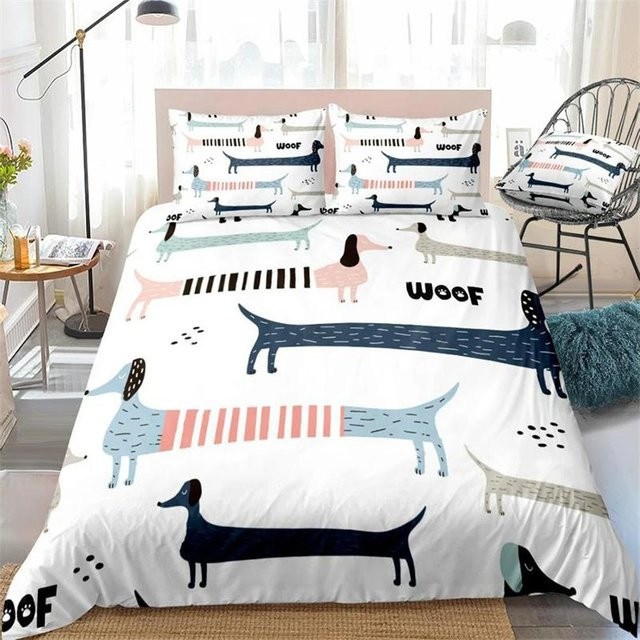 Bettwäsche-Set Cartoon Dackel Wursthund in Taupe, 3-teiliges Set aus Microfaser mit Bettbezug und Kissenbezug für Kinder und Jugendliche, B/H: 150 x 200 cm - Bild 1