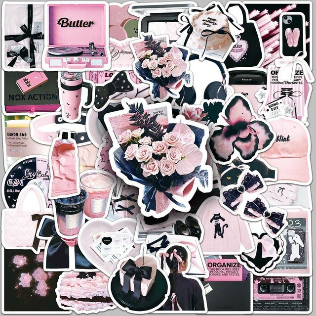 52 Stück Aufkleber im INS-Stil von AnimeWorlds Store in Schwarz und Rosa zur Dekoration von Notizbüchern und Gepäck - Bild 1