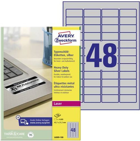 Avery Zweckform Typenschild-Etiketten L6009-100, Silber, Polyesterfolie, B/H: 45,7 x 21,2 mm, 4800 Stück - Bild 1