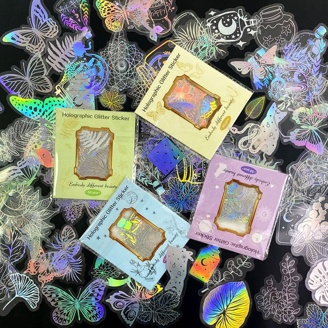 50 Stück Holografische Laser Sticker Transparent Retro DIY Deko Set Multicolour - Bild 1