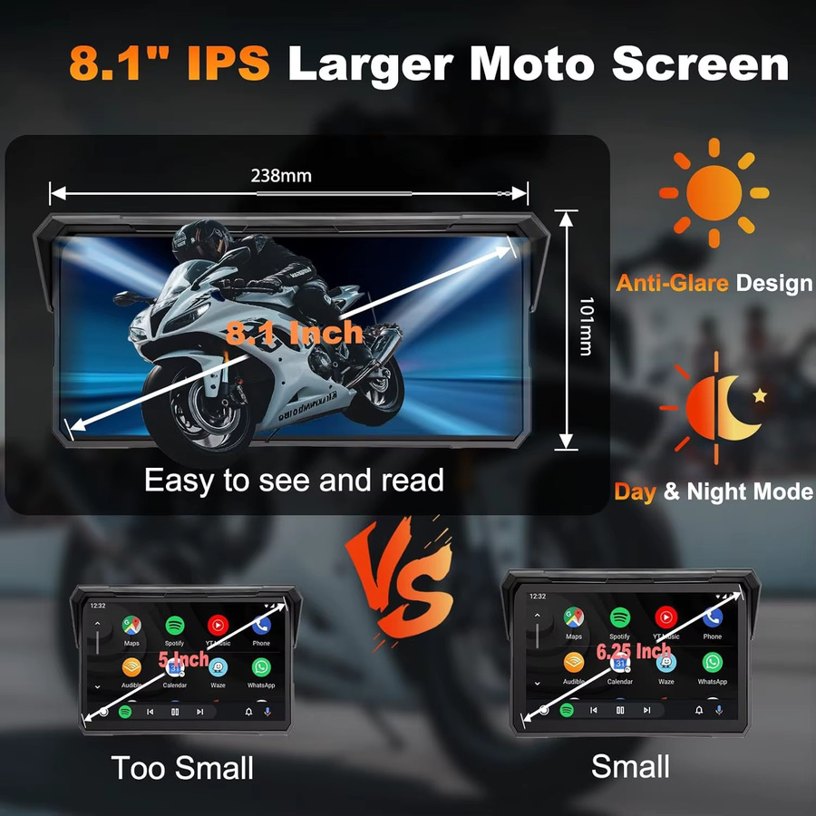Develuck 8,1 Zoll Motorrad-Navigationssystem mit GPS, Touchscreen, kabellosem CarPlay und Android Auto, IPX7 wasserdicht, Dual-Bluetooth und TPMS-Unterstützung, Schwarz - Bild 2