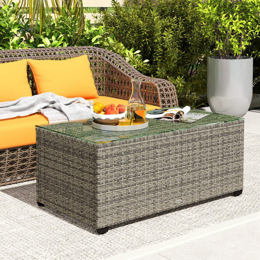 Outsunny Gartencouchtisch in Rattan-Optik mit Sicherheitsglasplatte und Stahlrahmen, dunkelgrau, B/T/H: 90 x 50 x 38 cm - Bild 2