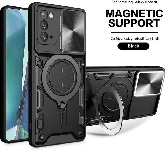 Stoßfeste Panzerhülle für Samsung Galaxy Note20 und Note 20 Ultra mit magnetischem Metallring und Schiebe-Kameraschutz in Schwarz - Bild 1