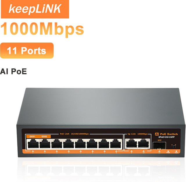 KeepLiNK 8-Port Gigabit PoE+ Switch Unmanaged mit 120W, 2x 1G Uplink, 1x SFP-Anschluss und intelligenter KI-Erkennung in Schwarz - Bild 1