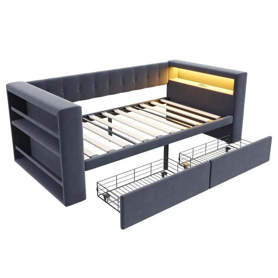 Merax Polsterbett mit LED-Beleuchtung, USB-Ladeport und Stauraum in Grau, B/T/H: 90 x 190 x 43,86 cm - Bild 2