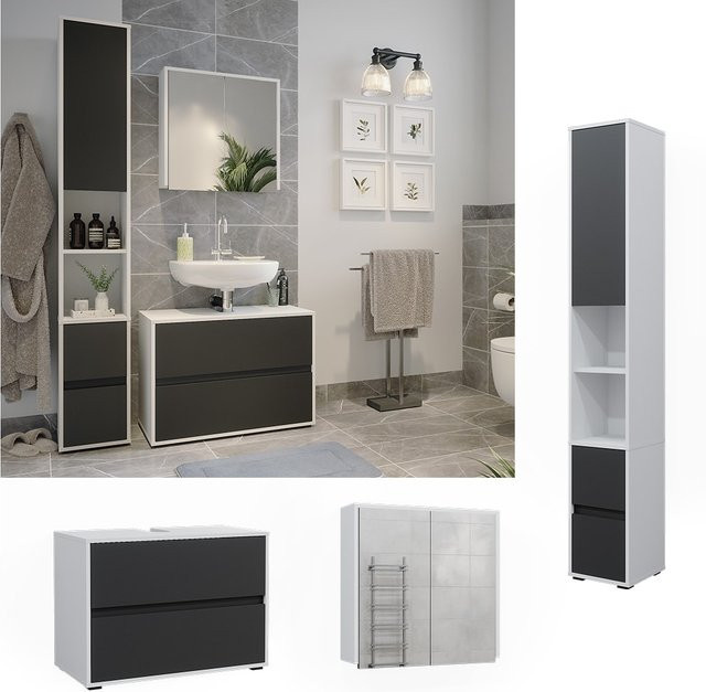 Vicco Badmöbel-Set Maltin in Weiß und Anthrazit bestehend aus Waschtischunterschrank, Spiegelschrank und Hochschrank - Bild 1