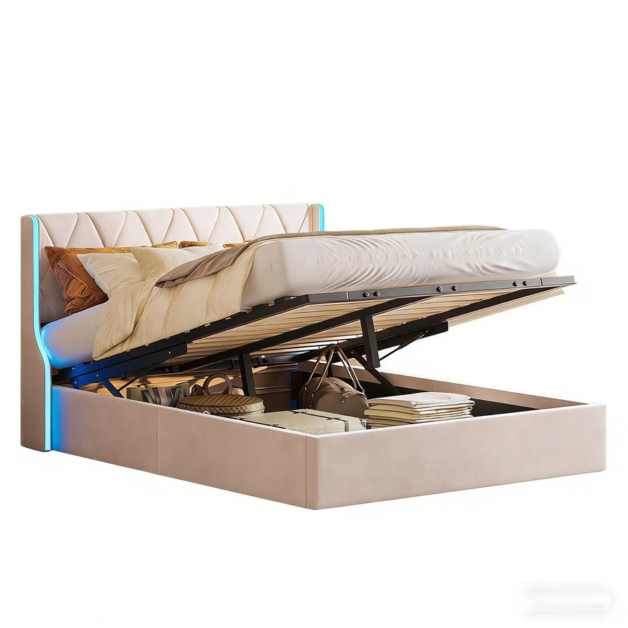 PXloue Polsterbett mit LED und hydraulischem Stauraum aus Samt in Beige, B/T/H: 160 x 200 x 105 cm - Bild 2
