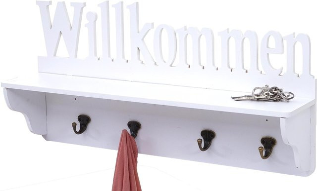 Wandgarderobe MCW D41 Willkommen aus massivem Kiefernholz mit 4 Haken, Weiß, B/H/T: 60 x 30 x 13 cm - Bild 1