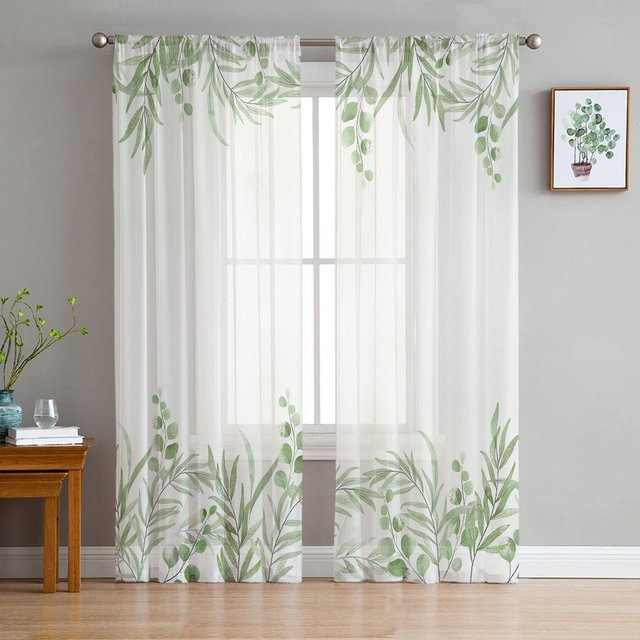 Transparente Tüll-Voile-Organza-Vorhänge mit Aquarell-Grünpflanzenblättern in Weiß, Breite: 135 cm, Höhe: 115 cm - Bild 1